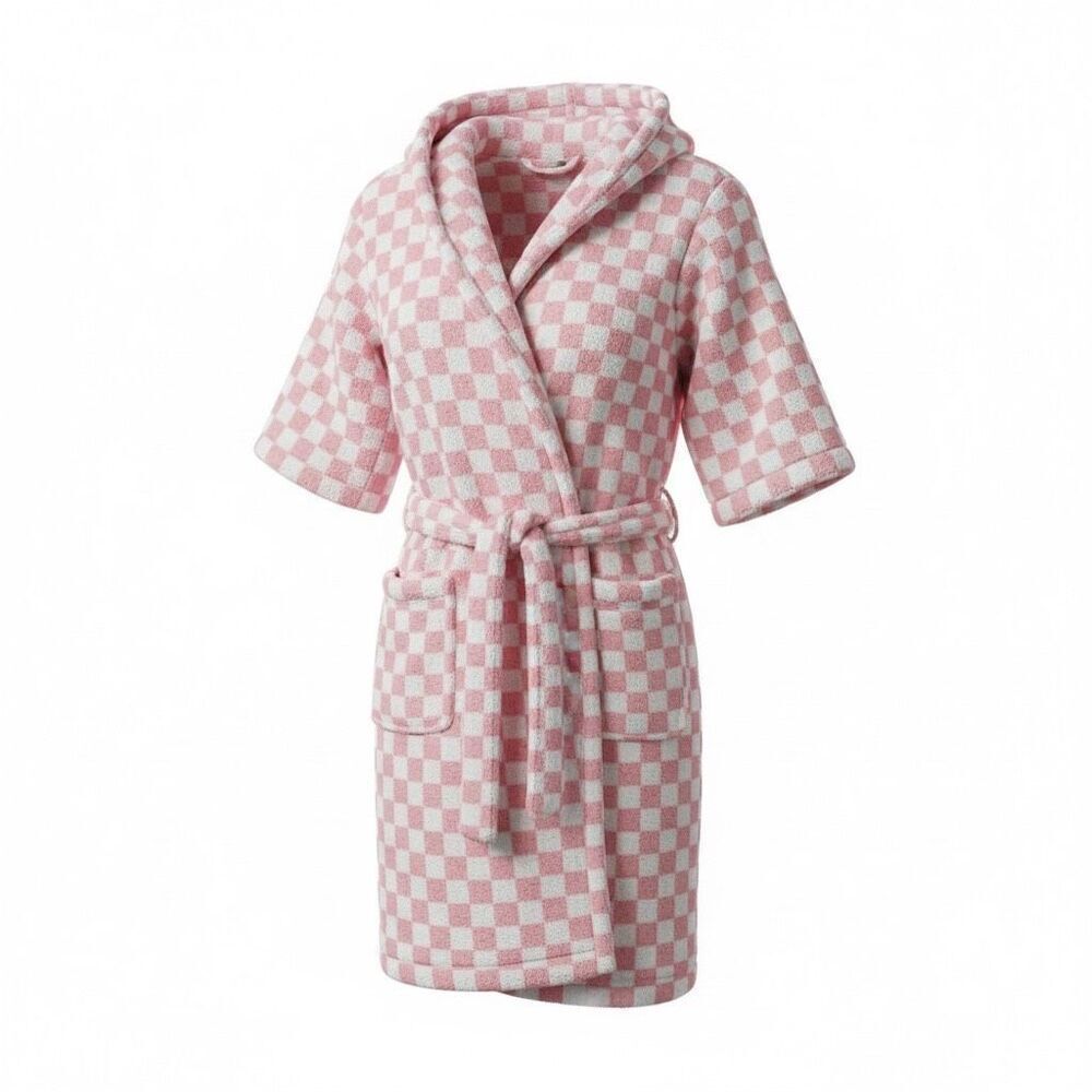 NWOT Minky Couture Plush Blush & White Checkered Hooded Kid's Robe Size 8/10 M